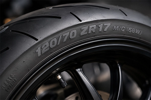 Misura 120/70 ZR17 sul fianco di uno pneumatico moto
